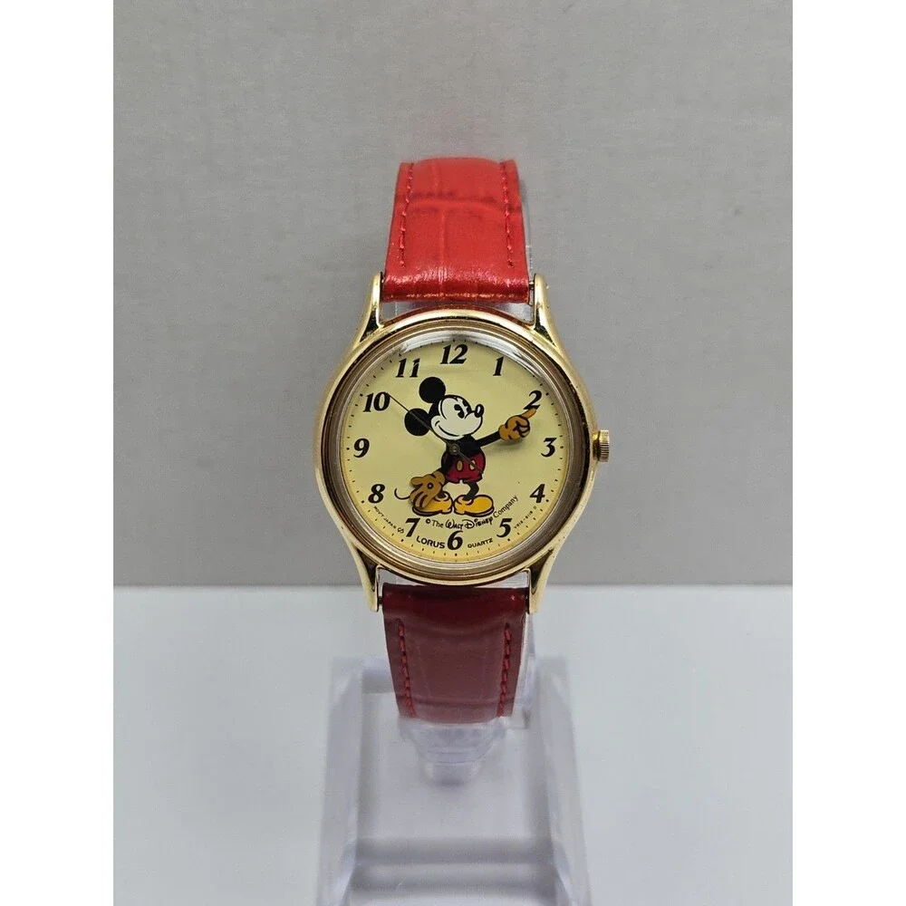 Vintage Lorus Disney Mickey Mouse Gold Tone Quartz Watch Leather 80s New Battery